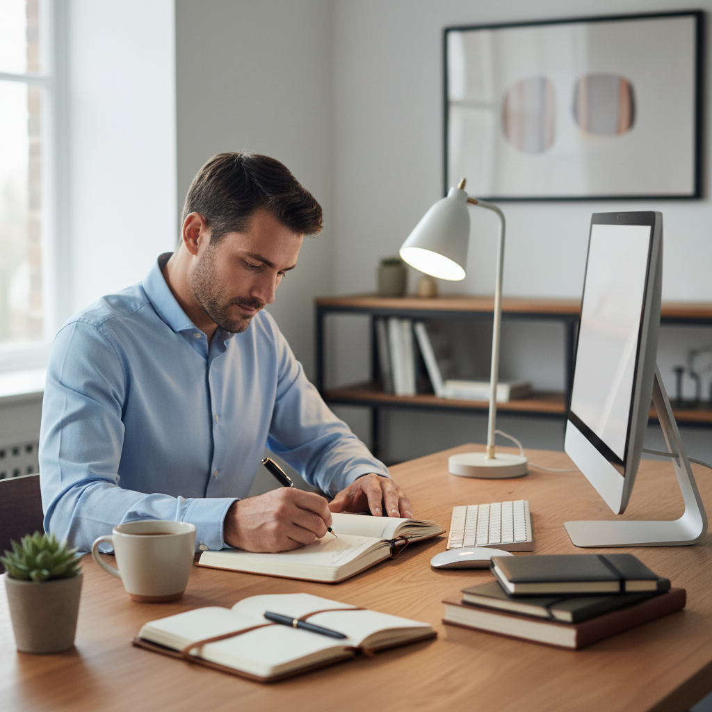 En man skriver i en anteckningsbok vid ett välordnat skrivbord, ett beteende som symboliserar planering och etablering av dagliga rutiner