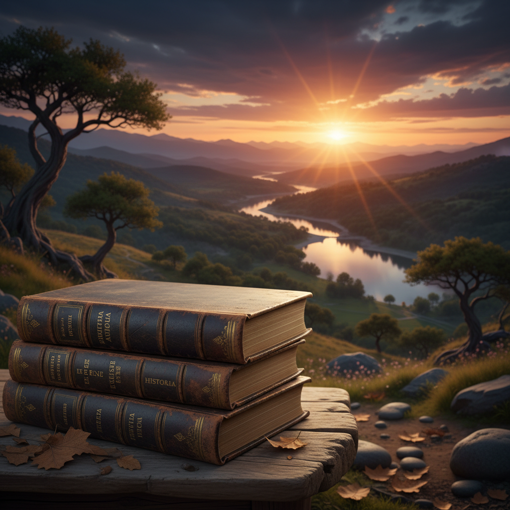 Gamla böcker och ett naturlandskap i solnedgång som symboliserar historiska perspektiv på välbefinnande och filosofi