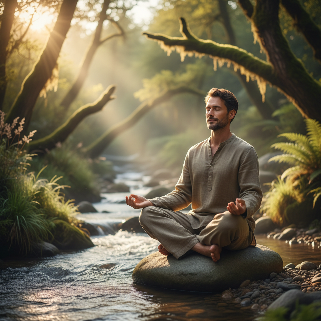 En man sitter i stillhet utomhus i naturlig miljö och praktiserar medveten närvaro under morgonljuset