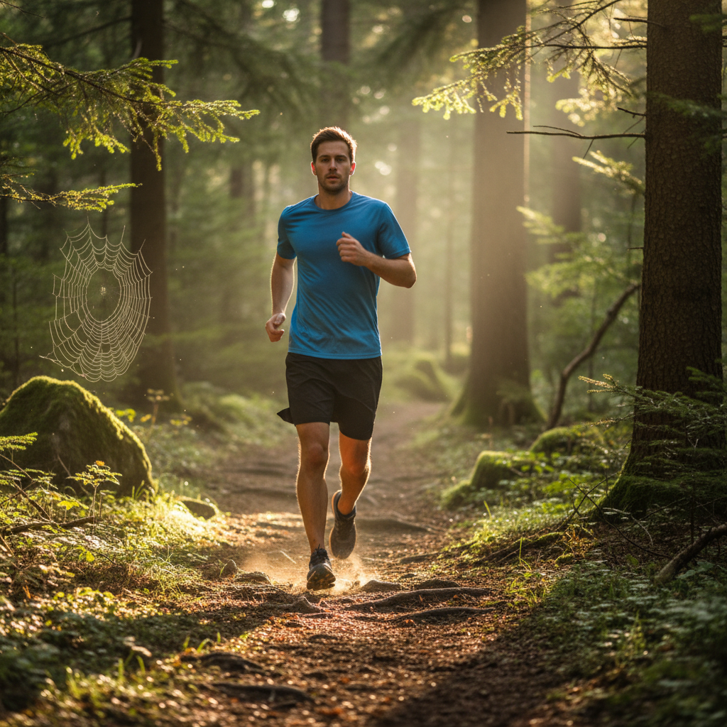 En man joggar längs en skogsstig i naturlig miljö under morgonljus, med fokus på rörelse och aktivitet
